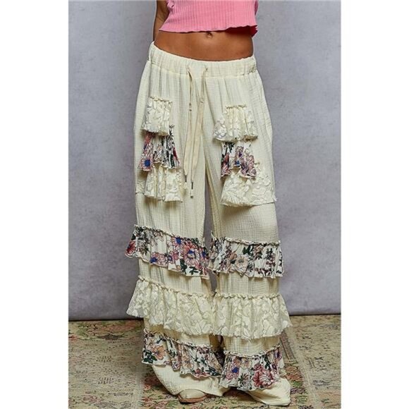 POL Drawstring Double Gauze Wide Leg Pants with Print and Lace Ruffle - Picture 1 of 5